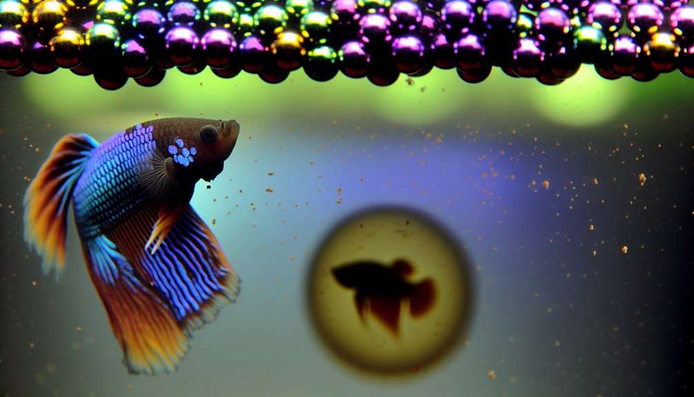 The Hidden Problems With betta Beads Nobody Talks About jpg picture of a betta fish in a clear aquarium with betta beads on the bottom.